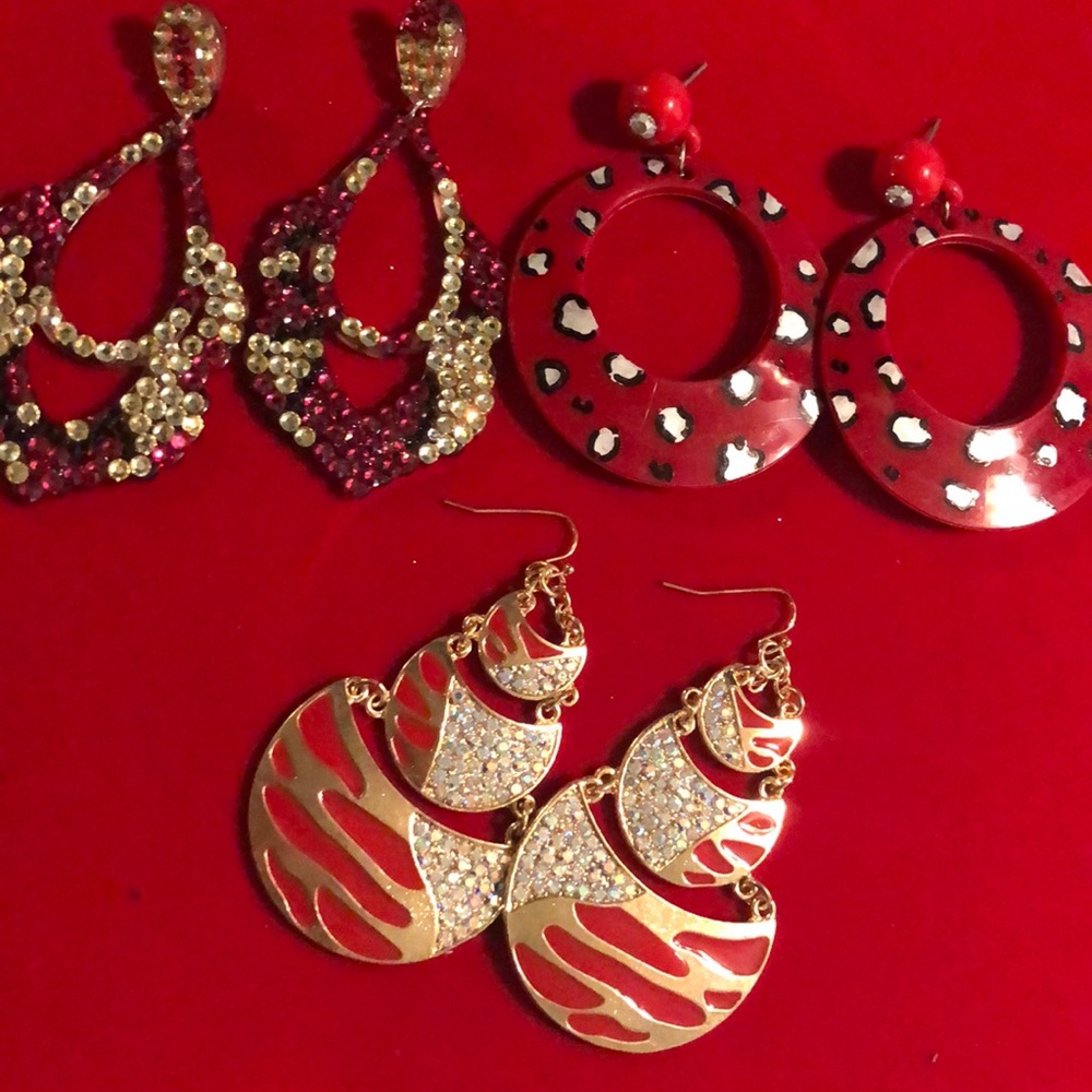 Animal red glam set bundle 3 earrings lot crystal